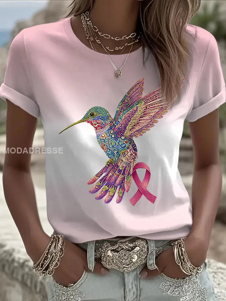 Kvinnors rosa band Print Casual T shirt runk / S