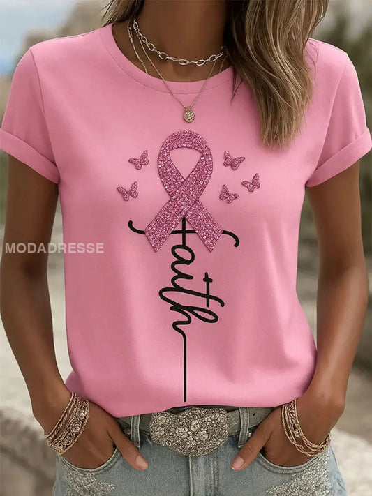 Kvinnors rosa band Print Casual T shirt runk / S