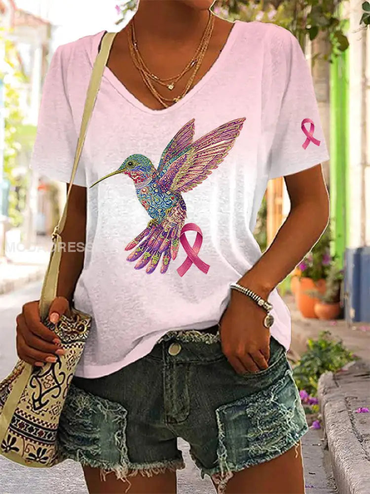 Kvinnors rosa band Print Casual T shirt runk / S