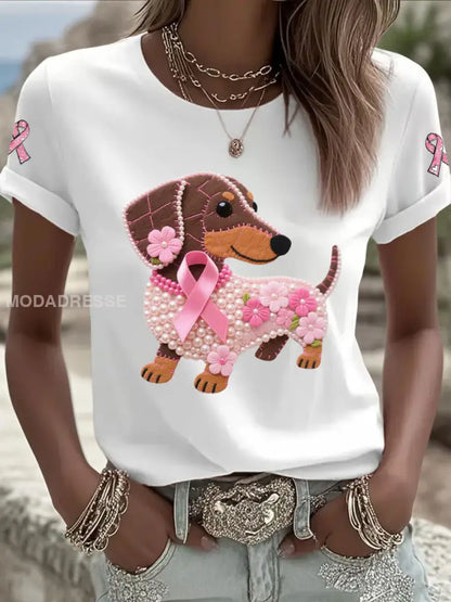 Kvinnors rosa band Print Casual T shirt vit / S