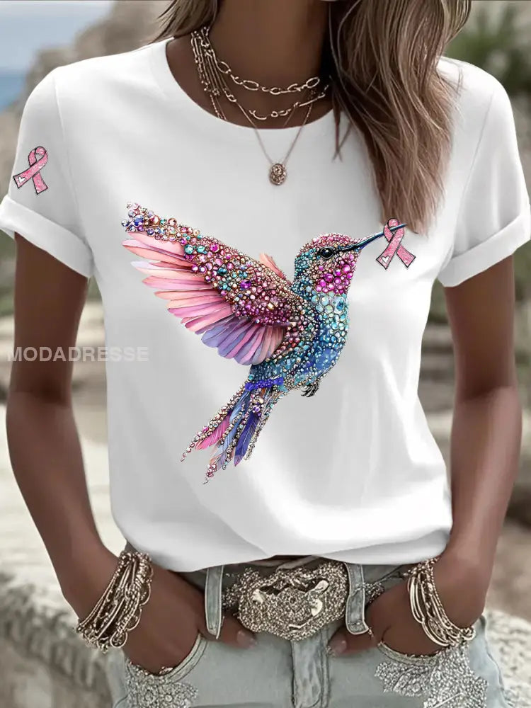 Kvinnors rosa band Print Casual T shirt vit / S