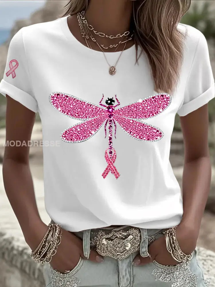 Kvinnors rosa band Print Casual T shirt vit / S