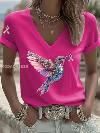 Kvinnors rosa band Print Casual V Hack T shirt rosröd / S