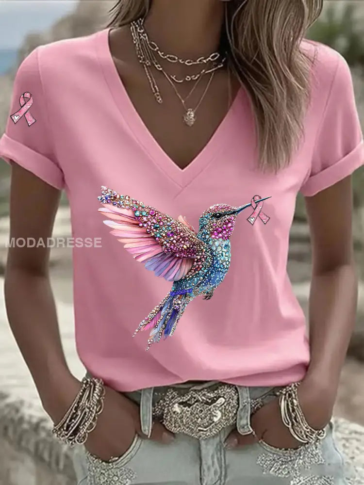 Kvinnors rosa band Print Casual V Hack T shirt rost / S