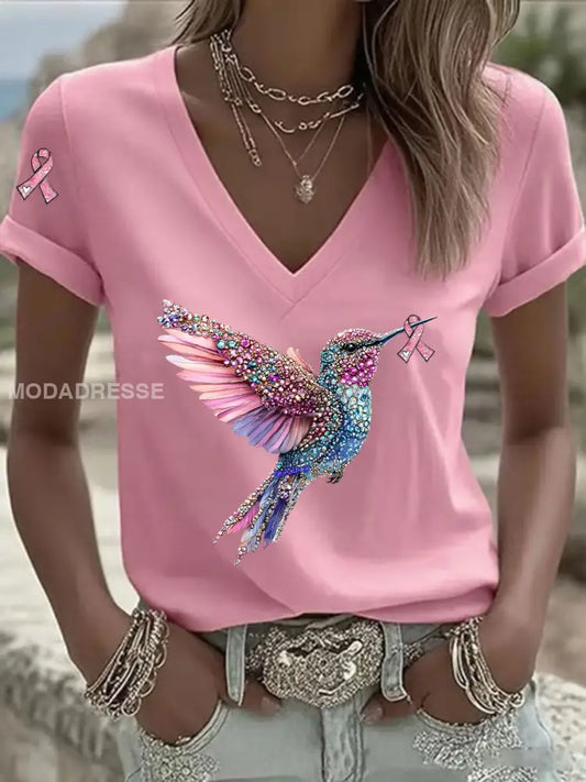 Kvinnors rosa band Print Casual V Hack T shirt rost / S