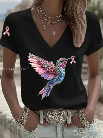 Kvinnors rosa band Print Casual V Hack T shirt svart / S