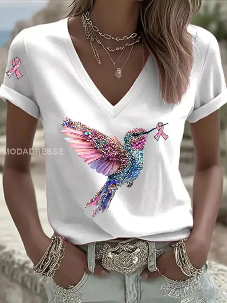 Kvinnors rosa band Print Casual V Hack T shirt vit / S