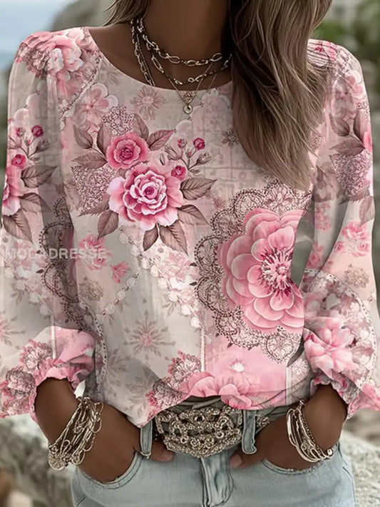 Kvinnors rosa blomma Printed Casual T shirt runk / S