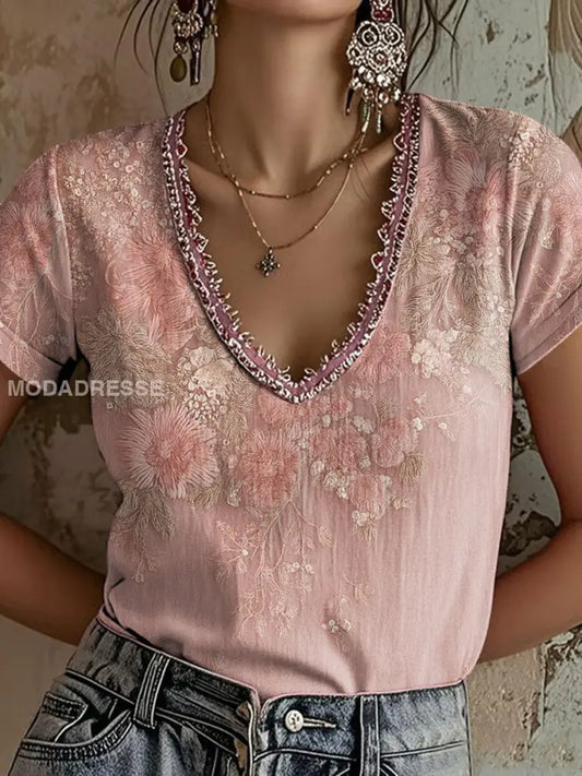 Kvinnors rosa blommar Print Casual T shirt runk / S