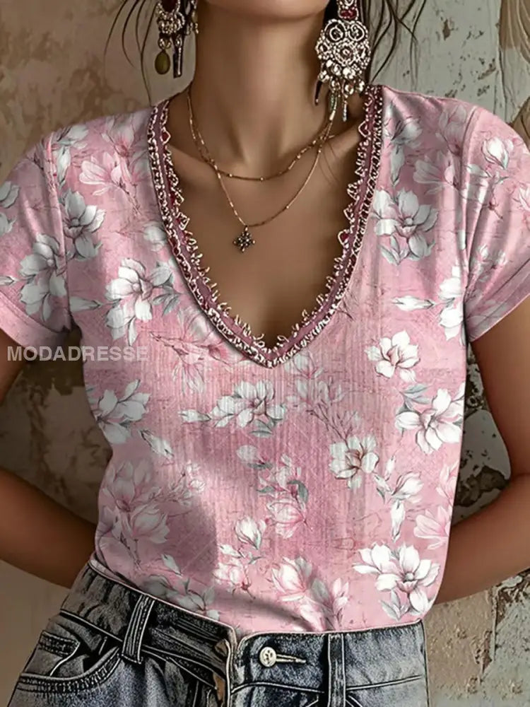 Kvinnors rosa blommar Print Casual T shirt runk / S