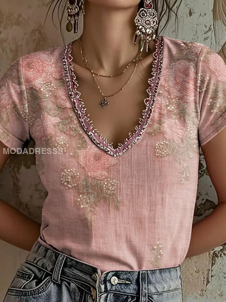 Kvinnors rosa blommar Print Casual T shirt runk / S