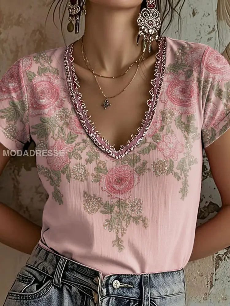 Kvinnors rosa blommar Print Casual T shirt runk / S