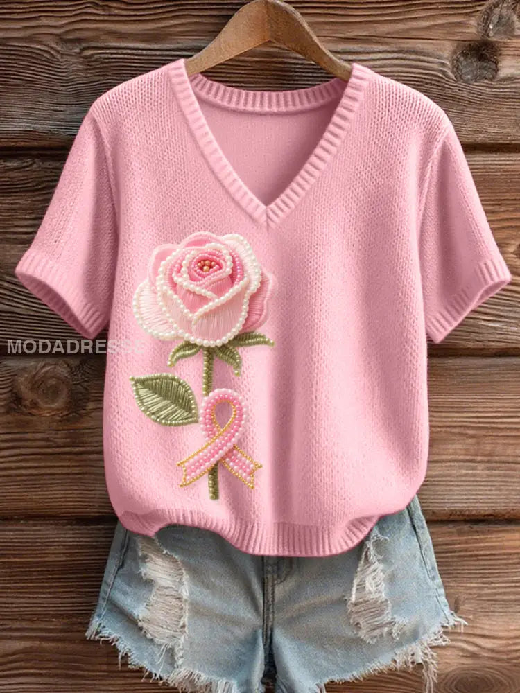Kvinnors rosa blommiga pärlor konst V hals sticka uppet runk / S