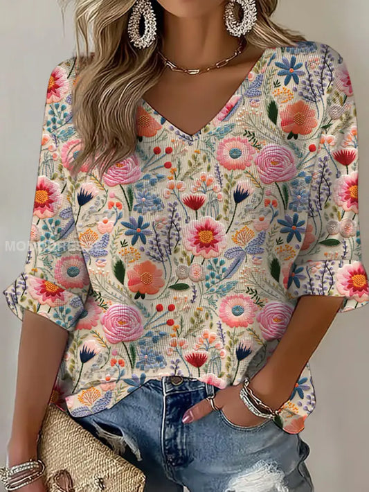 Kvinnors rosa blommor Våffle T shirt som bild / S