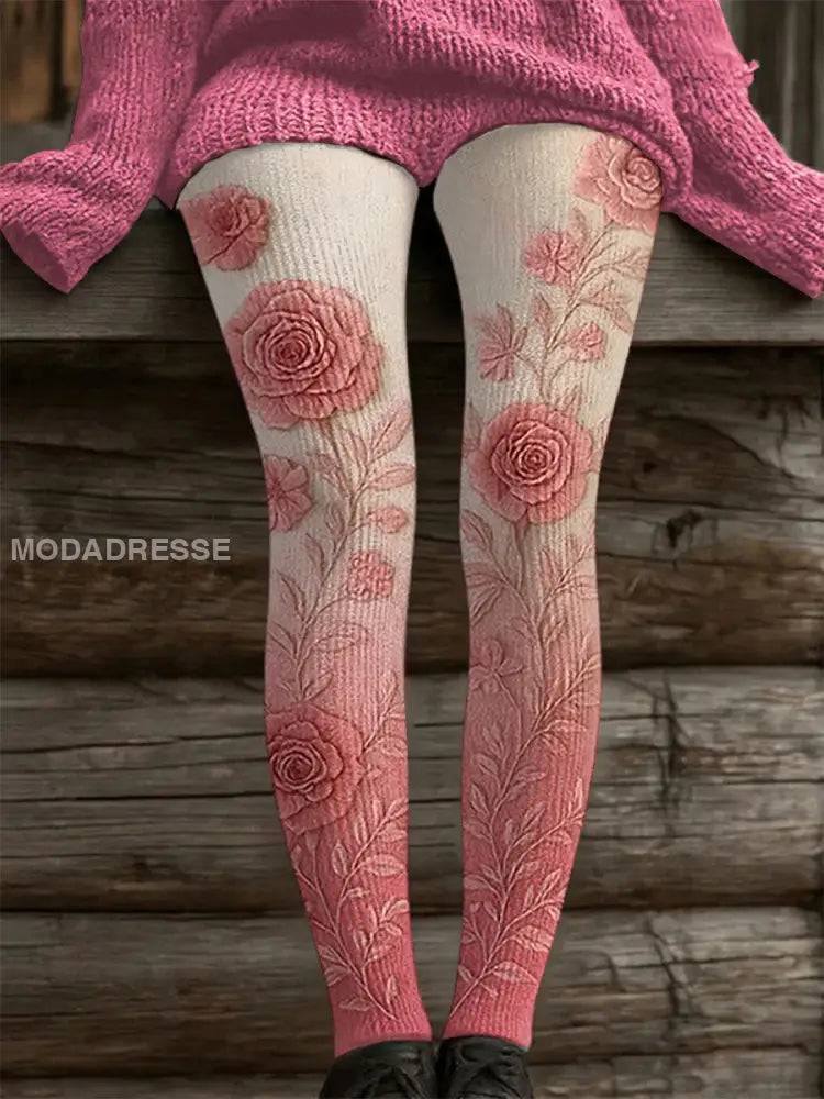Kvinnors rosa blomster Print Casual Leggings runk / S