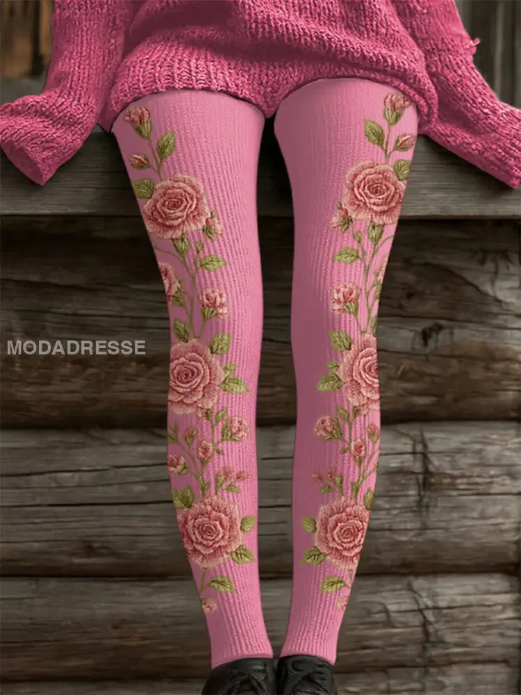 Kvinnors rosa blomster Print Casual Leggings runk / S