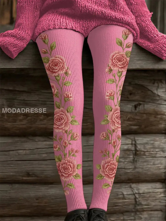 Kvinnors rosa blomster Print Casual Leggings runk / S