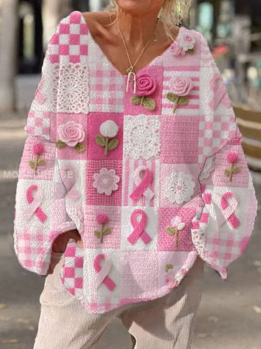 Kvinnors rosa blomster Print Casual Topp runk / S