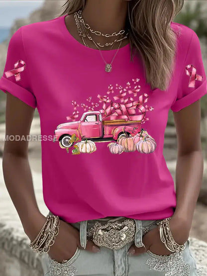Kvinnors rosa bröstcancer Tryckt T shirt rosröd / S