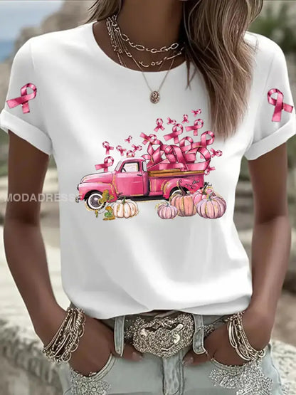 Kvinnors rosa bröstcancer Tryckt T shirt vit / S
