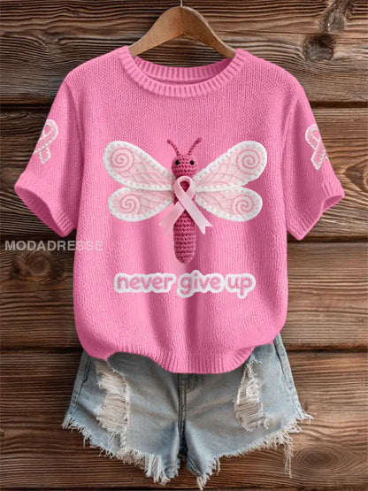 Kvinnors rosa Dragonfly rosa band bröstcancer medvetenhet Support Tee mörk rosa / S