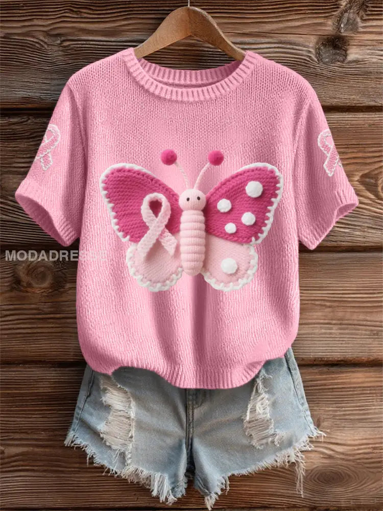 Kvinnors rosa fjäril rosa band bröstcancer medvetenhet Support Tee runt / S