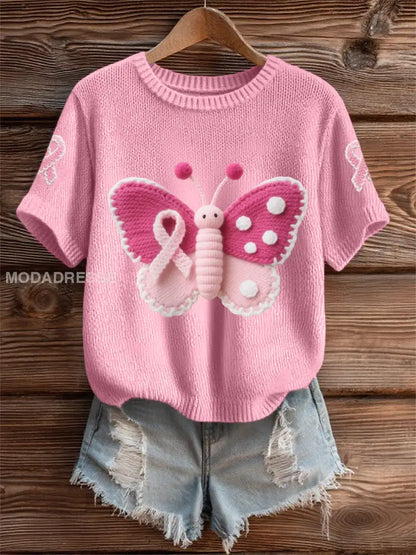Kvinnors rosa fjäril rosa band bröstcancer medvetenhet Support Tee runt / S