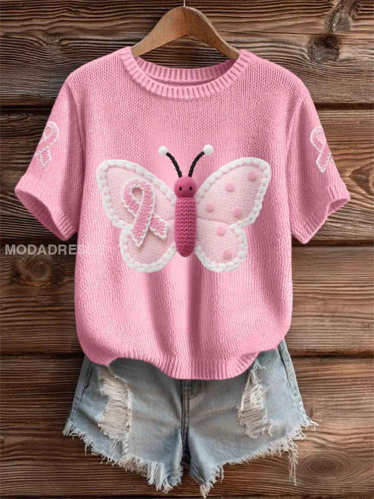 Kvinnors rosa fjäril rosa band bröstcancer medvetenhet Support Tee runt / S