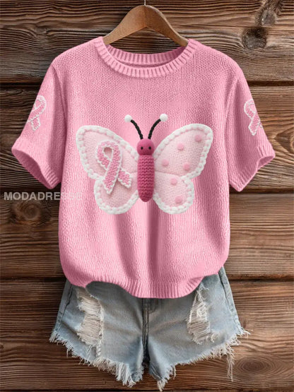 Kvinnors rosa fjäril rosa band bröstcancer medvetenhet Support Tee runt / S