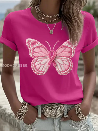 Kvinnors rosa fjäril Print Casual T-shirt rosröd / S