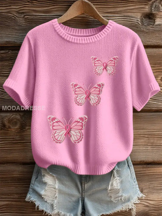 Kvinnors rosa fjäril Print Visa Casual T-shirt runk / S