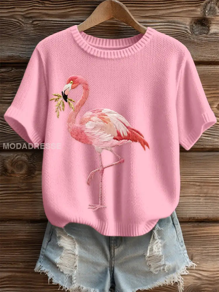 Kvinnors rosa flamingo broderade mysiga sticka topp runk / S