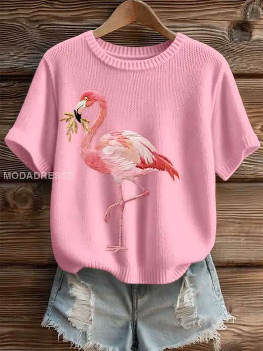 Kvinnors rosa flamingo broderade mysiga sticka topp runk / S