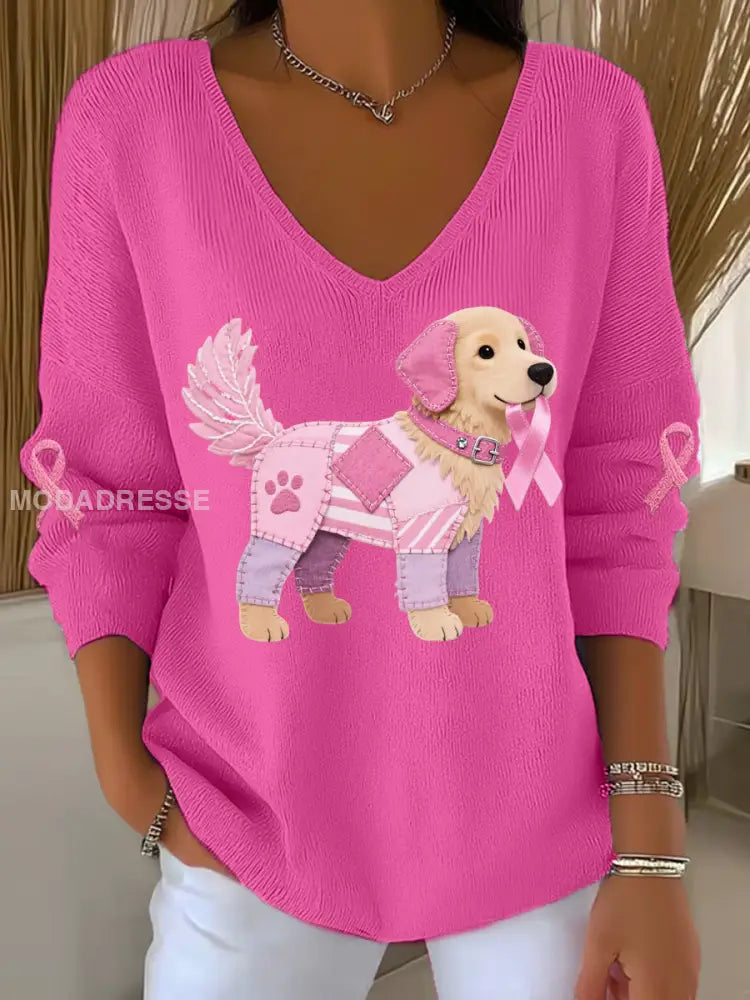 Kvinnors rosa hund rosa band bröstcancer medvetenhet Stöd Långärm Topp rosrött / S