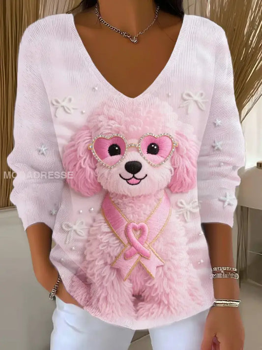 Kvinnors rosa hund rosa band bröstcancer medvetenhet Stöd Långärm Topp runk / S