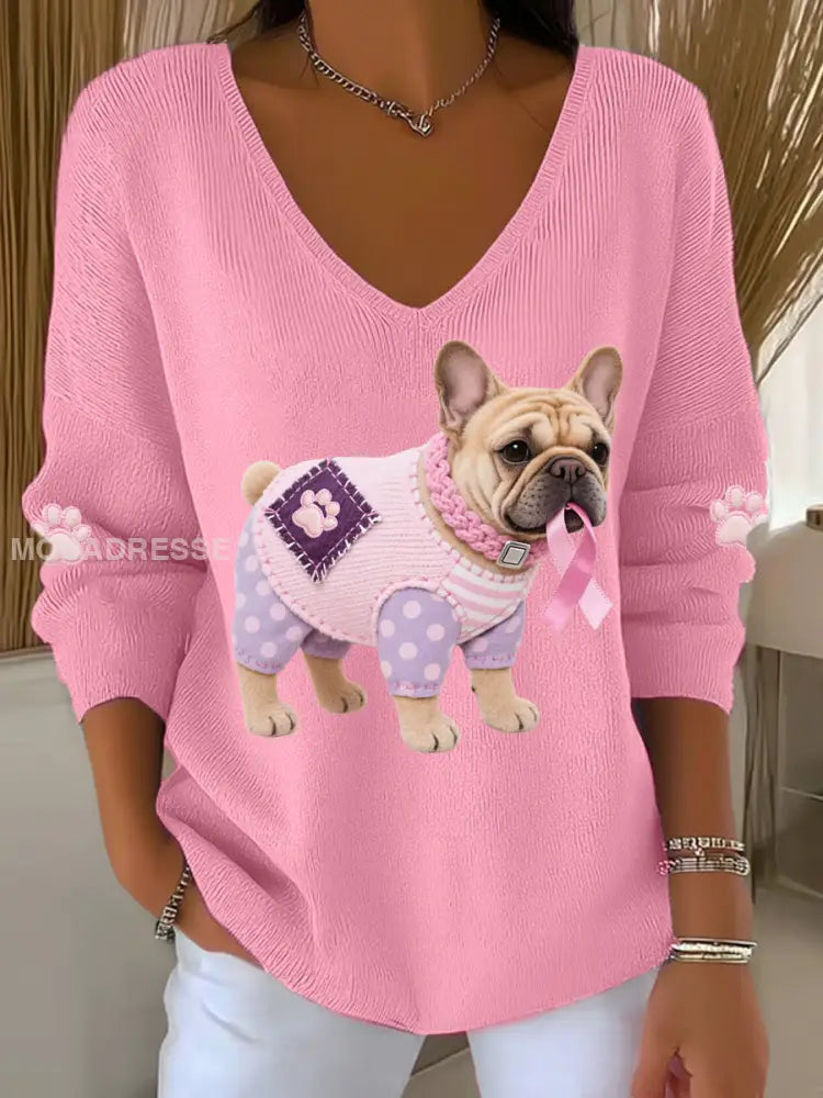 Kvinnors rosa hund rosa band bröstcancer medvetenhet Stöd Långärm Topp runt / S