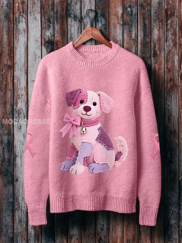 Kvinnors rosa hund rosa band bröstcancer medvetenhet Stöd Sweatshirt runt / S