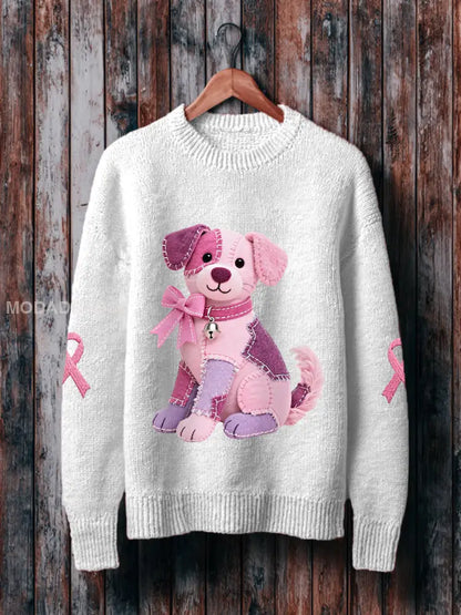Kvinnors rosa hund rosa band bröstcancer medvetenhet Stöd Sweatshirt vitt / S