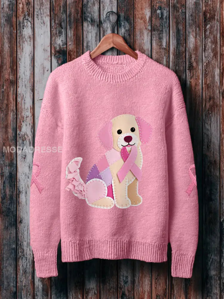 Kvinnors rosa hund rosa band bröstcancer medvetenhet Stöd tröjar runt / S