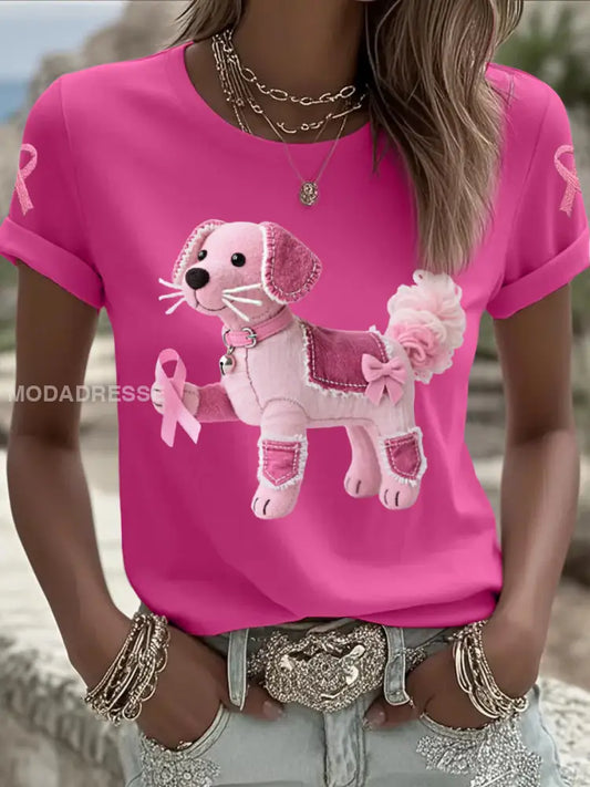 Kvinnors rosa hund rosa band bröstcancer medvetenhet Support Tee rosröd / S