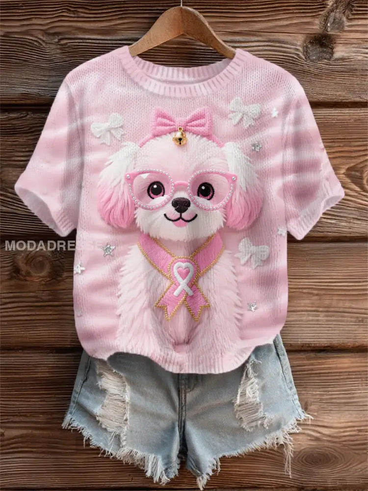 Kvinnors rosa hund rosa band bröstcancer medvetenhet Support Tee runk / S