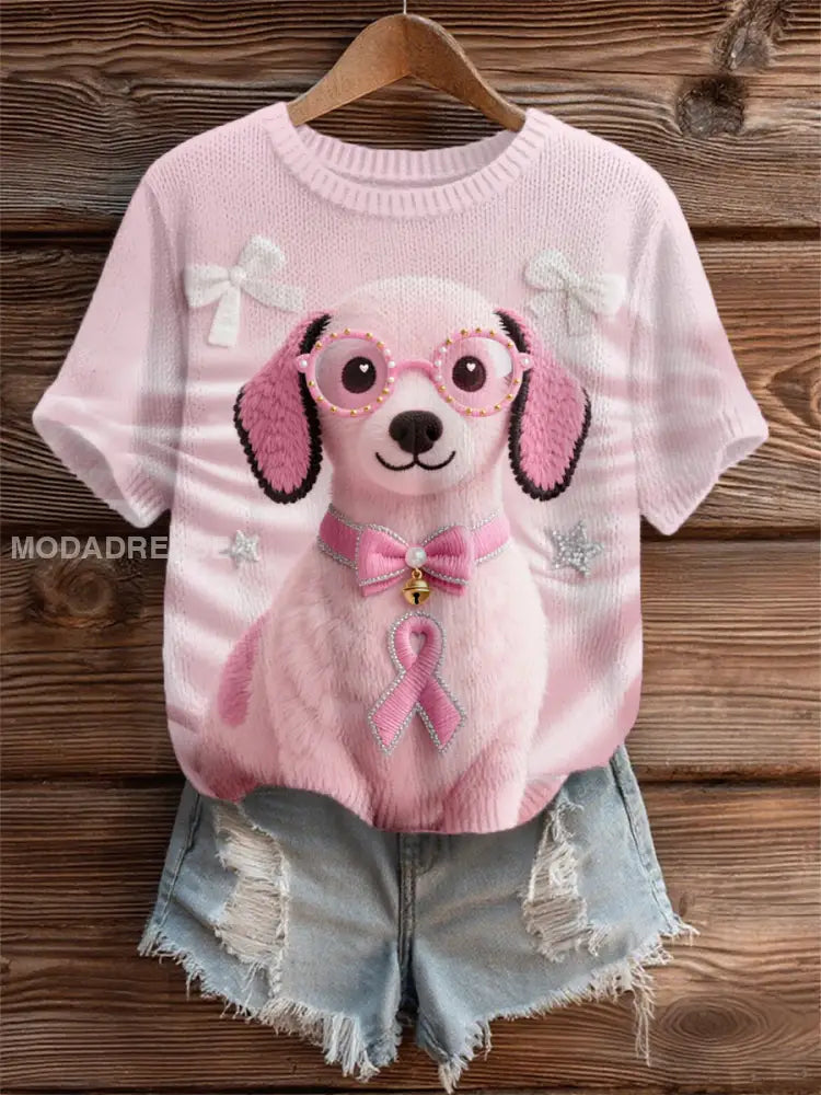 Kvinnors rosa hund rosa band bröstcancer medvetenhet Support Tee runk / S