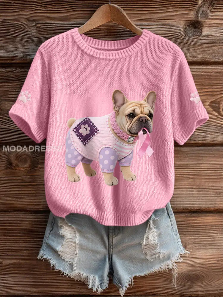 Kvinnors rosa hund rosa band bröstcancer medvetenhet Support Tee runt / S