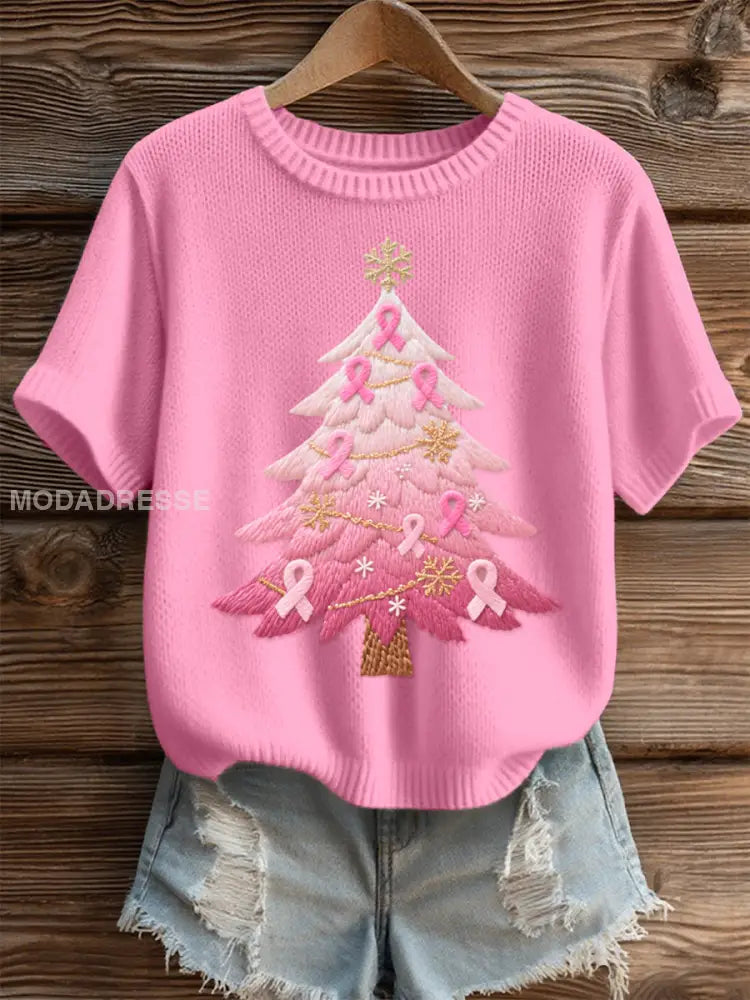 Kvinnors rosa julgran broderad mysiga sticka topp runk / S