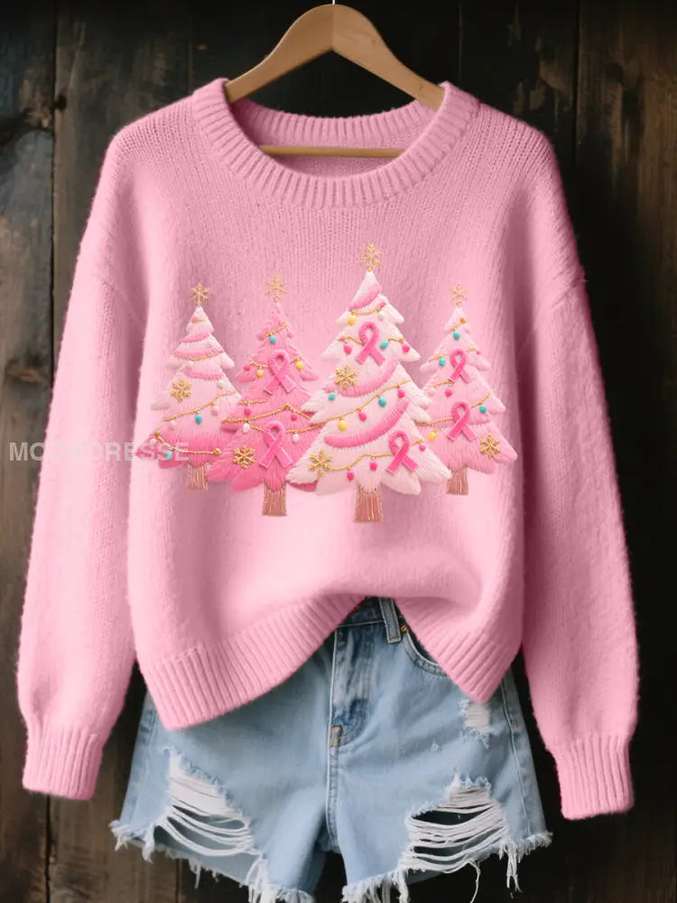 Kvinnors rosa julgran broderad mysiga sticka tröjar runt / S
