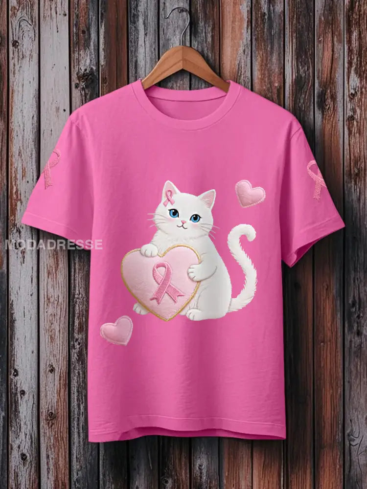 Kvinnors rosa katt rosa band bröstcancer medvetenhet Support Tee rosrött / S