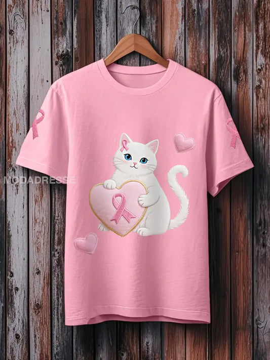 Kvinnors rosa katt rosa band bröstcancer medvetenhet Support Tee runt / S