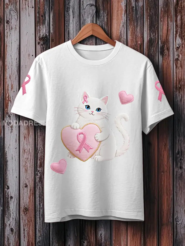 Kvinnors rosa katt rosa band bröstcancer medvetenhet Support Tee vitt / S