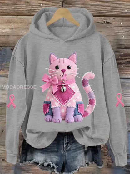 Kvinnors rosa katt Pink Ribbon Bröstcancer medvetenhet Stöd Sweatshirt ljusgrå. / S