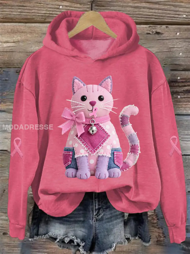 Kvinnors rosa katt Pink Ribbon Bröstcancer medvetenhet Stöd Sweatshirt mörk rosa / S